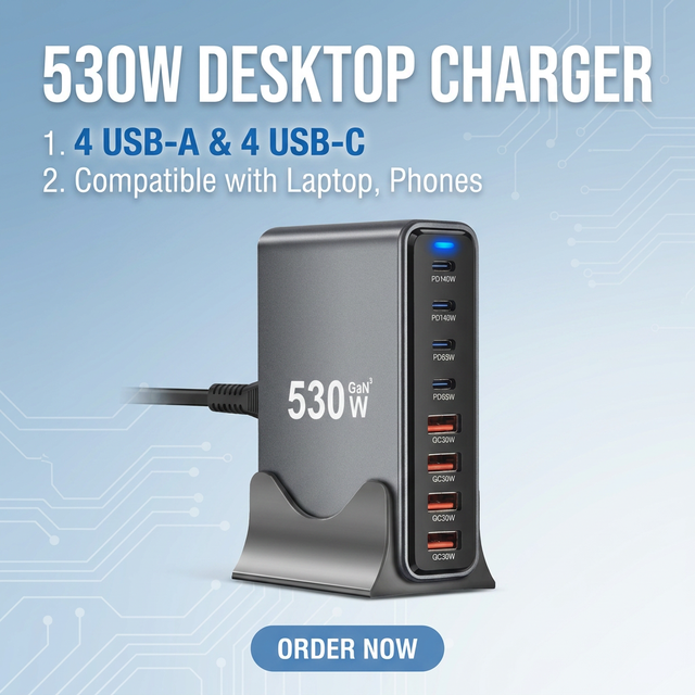 8-Port 530W GaN Power Adapter PD 3.0 Fast Charger with USB Ports for Mobile Phone for Laptop 100W Max Desktop Charger