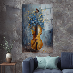 Elegant Yellow and Blue Floral <b>Cello</b> Print Canvas Artwork for Vintage Decor,TEMPERED GLASS ART - Product Image 3