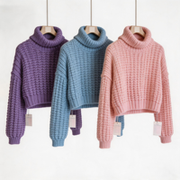 Pull court en maille torsadée pour femme, col rond, manches longues bouffantes, épaules tombantes, coupe ample, ourlet côtelé, style décontracté