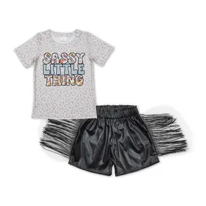 Sassy Little Thing Leopard Top Tassel Black P-leather Shorts Conjunto de ropa de verano para niñas RTS Venta al por mayor Ropa de boutique para niños pequeños