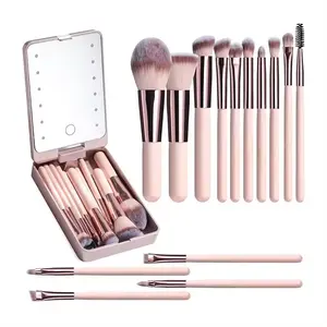 14 Pcs Travel Makeup Brush Set Foundation Powder ConcealerEye Shadows Makeup Set With Led Light Mirror