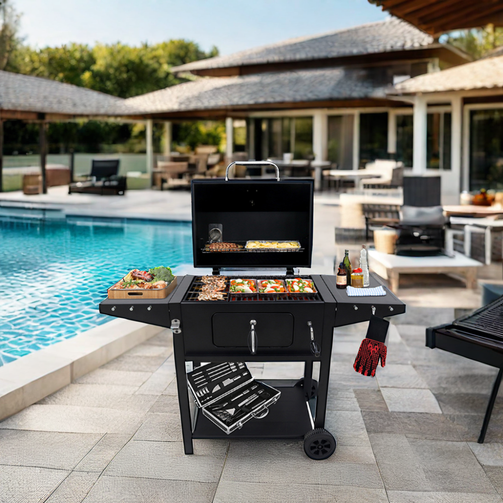 Parrilla de barbacoa de carne de acero 3 en 1 portátil para patio trasero, carrito sin humo, función plegable, estufa para ahumador de carbón al aire libre, parrilla estilo caja