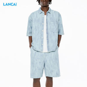 Chemises pour hommes, manches courtes, col montant, patte blanche à boutons, poche poitrine gauche, vêtements décontractés pour garçons, vente en gros personnalisée - Product Image 1