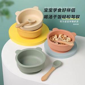 ชุดชามซิลิโคนรูปหมีสำหรับเด็กพร้อมช้อนเกรดอาหารปลอดสารบีพีเอฐานดูดติดแน่นสำหรับเด็กอายุ 0-12 เดือนสำหรับฝึกการให้อาหารเด็ก - Product Image 3