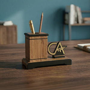 Custom Logo Print <b>Desk</b> <b>Organizer</b> with Clock and Pen Holder Wooden Office Supplies Decor Gift From Delhi - Product Image 1