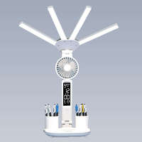 Lampe de bureau LED pliable à double tête OEM, moderne, à piles, intensité réglable, en plastique ABS, avec ventilateur et porte-stylo – Offre Spéciale