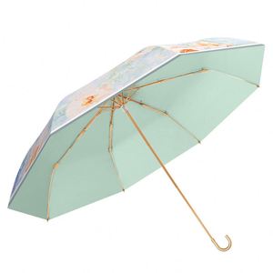 Parapluie LM-H classique manuel en pongee ultra-léger à motif personnalisé avec crochet doré à trois plis et poignée en caoutchouc coloré pour le voyage - Product Image 1