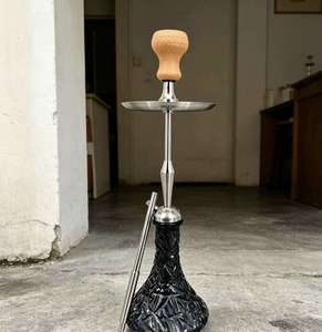 Black Crackled Glass Hookah Metal Stand Set with Wooden Handguard and Tube <b>for</b> <b>Lounge</b> Bar Home Use - Product Image 3