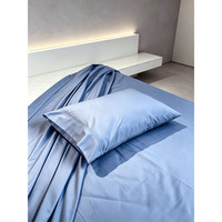 Parure de lit 4 pièces en coton polyester bleu clair, luxe, simple et unie, comprenant drap plat, drap-housse et taies d'oreiller pour chambre à coucher