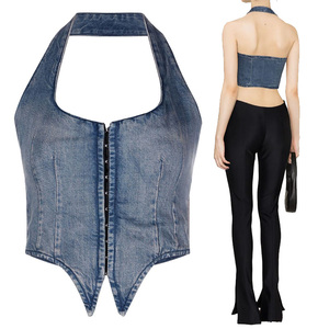 Gilet à encolure dos nu bleu délavé personnalisé pour femmes, col rond, fermeture éclair sur le devant, ourlet asymétrique, gilet en jean corset - Product Image 6