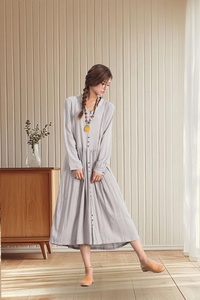 Custom Womens Button Robe Dress Short Sleeve Regular Fit <b>Plus</b> <b>Size</b> Casual V-neck Linen/Cotton Maxi Eco-Friendly B2B Wholesale - Product Image 1