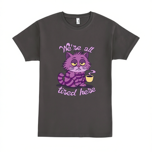 T-shirt con stampa grafica unisex per adulti We Are All Tired Here Purple Cat - Product Image 2