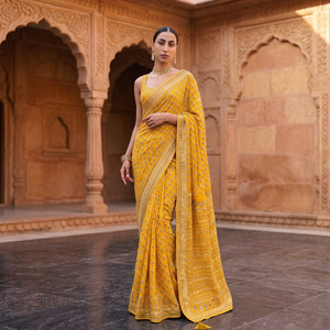 Colección de Sarees de Diseño Estilo Bollywood, Georgette Sintético Suave, Sin Arrugas, Impresión Digital, Hermoso Trabajo con Espejos Reales KATDANA - Product Image 1