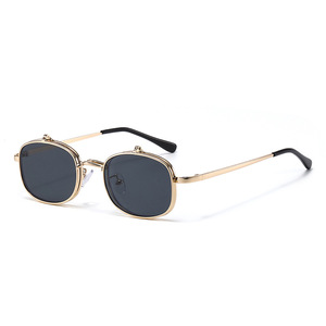 Square <b>Frame</b> <b>Sunglasses</b> Metal Gold UV400 Unisex <b>Small</b> Flip Up Style - Product Image 1