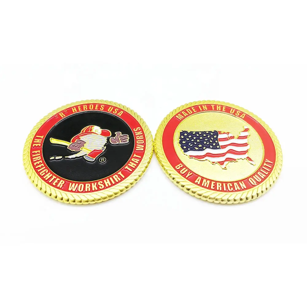 American quality customized USA map logo rope edge firefighter heroes gold metal coin for business promotion gift