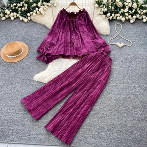 Conjunto de 2 piezas para <span class=keywords><strong>mujer</strong></span> con hombros descubiertos, top con cuello con volantes y cordón, pantalones plisados de pierna ancha, estilo casual y holgado para primavera y otoño - Product Image 1