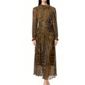 Vestido Maxi de Mujer con Hilo Metálico, Diseño Floral 3D, Cuello Alto y Fruncido, Vestido de Noche Elegante - Product Image 5