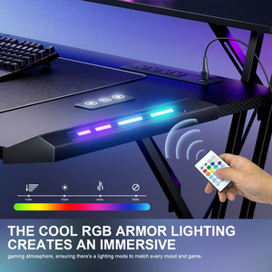 Bureau de jeu ergonomique pour ordinateur portable <span class=keywords><strong>PC</strong></span> 1,2/1,4/1,6 m avec éclairage d'ambiance LED RGB et étagères pour moniteur - Product Image 6