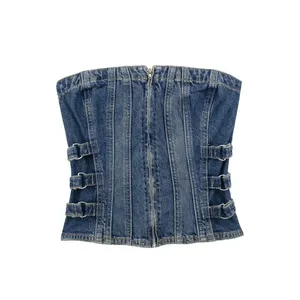 KAOPU ZA Damen träger lose Denim Bustier Tanktops Vintage Straight Neck Front Reiß verschluss weibliche Camis Mujer