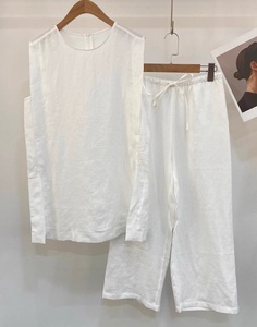 Bộ Quần Áo Nữ Vải Lanh 100% 2025 mùa thu Bộ Áo Vải lanh dài không tay cho nữ + áo Midi Cạp co giãn & Bộ Capris 2 chiếc - Product Image 4