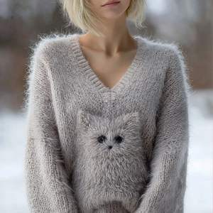 OEM Knitwear Supplier Custom Soft Fuzzy Animal Knit Pullover <strong>Jumper</strong> Embroidery Intarsia Jacquard <strong>Cat</strong> Sweater for <strong>Women</strong> - Product Image 2