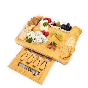 Placa de queijo de madeira de bambu extra grande, tábua de queijo com talheres, vinho e queijo, placa de corte e faca