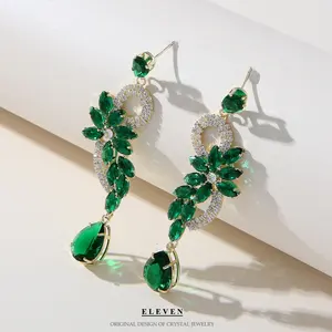 Europe And America Retro Full Diamond Emerald Gemstone Crystal Rhinestone Luxury Chandelier Earrings