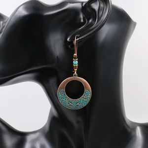 Boucles d'oreilles pendantes vintage en alliage, plaqué bronze antique, incrustation turquoise, bijoux de mode pour femme, design circulaire, boucles d'oreilles statement - Product Image 4