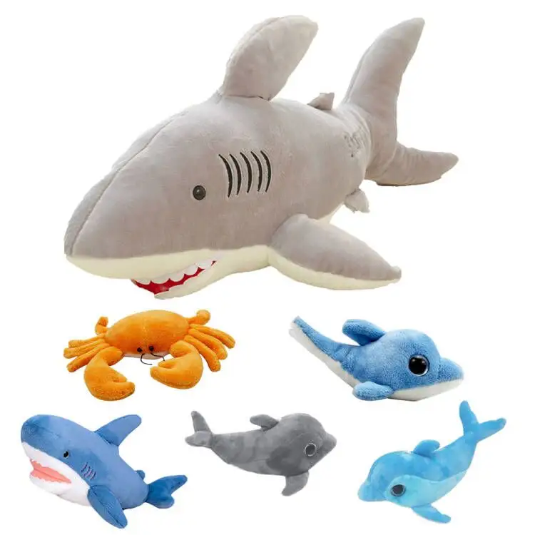 Big Plush Blue Shark With Various Sea Animal Stuffed Toys Custom Design Crab Turtle Devil Fish Shark Soft Baby Toy Set