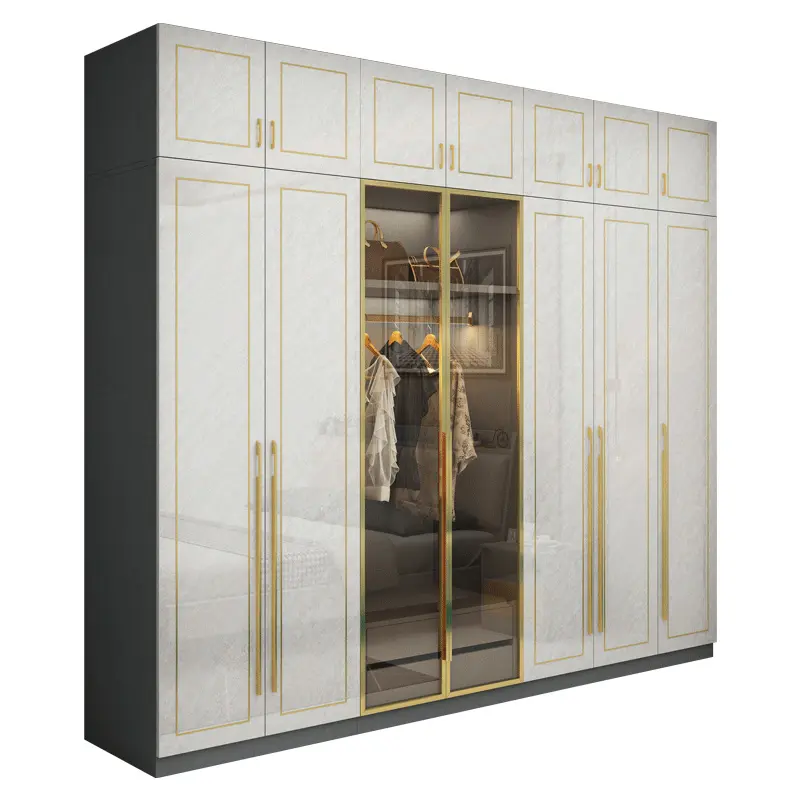 आधुनिक डिजाइन सफेद अलमारी लकड़ी 3 दरवाजा कैबिनेट कोठरी एल्यूमिनियम फ्रेम कांच दरवाजा अलमारी बेडरूम फर्नीचर