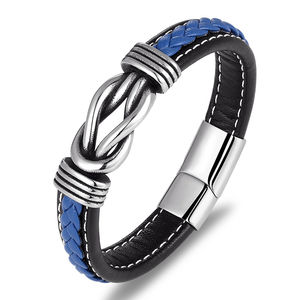 Bracelet en cuir noir et <span class=keywords><strong>bleu</strong></span> pour homme, bijou géométrique en acier inoxydable, tressé à la main avec fermoir magnétique, cadeau idéal - Product Image 6
