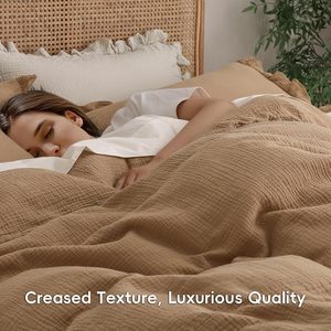 Exquisito juego de <span class=keywords><strong>funda</strong></span> nórdica de muselina de algodón 100% de 3 piezas, ribete marrón con volantes, ligero, transpirable para dormitorio, ropa de cama opulenta - Product Image 6