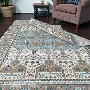 Tapis Oushak en laine fait main PB Nicolette, beige et bleu, pour salon, chambre et salle à manger. Tapis noué à la main, tapis tissé à la main. - Product Image 4