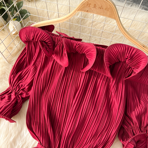 Robe de soirée mi-longue vintage de luxe pour femme, à épaules dénudées, avec volants et décoration plissée, lavable - Product Image 6