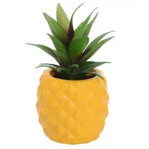 Suculentas artificiais para decoração, vaso de flores de cerâmica com abacaxi para decoração de casa, escritório e tabletop (amarelo)