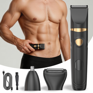 Recortadora <span class=keywords><strong>de</strong></span> vello púbico para <span class=keywords><strong>hombres</strong></span> 3 en 1, afeitadora eléctrica para testículos e ingle con pantalla LED, kit <span class=keywords><strong>de</strong></span> aseo para uso en seco y húmedo, depilación recargable - Product Image 1