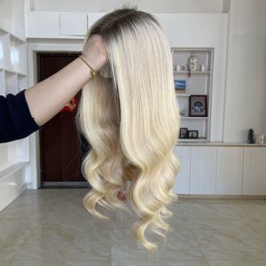 Perruque en cheveux humains vierges blonds européens en gros, sans colle, mèches, double trame, cuticules alignées, perruque en dentelle HD brute pour femmes - Product Image 4