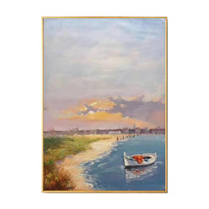 Pintura al óleo de paisaje de estilo moderno hecho a mano sobre lienzo pintor experto amanecer paisaje marino para decoración de habitación barco estacionado junto al <span class=keywords><strong>lago</strong></span> - Product Image 1