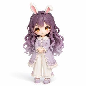 Figurine en vinyle <span class=keywords><strong>Anime</strong></span> Oreilles de Lapin Cheveux Ondulés Violet Foncé Yeux Ambrés Manteau en Dentelle à Boutons Chinois Pantalon Large Boîte Mystère OEM - Product Image 1