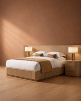 Cadre de lit plateforme Sigma moderne et minimaliste avec base cannelée en bois massif, tailles Queen et King, ensemble de chambre d'hôtel personnalisé