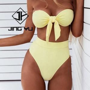 Traje de Baño de Lujo Personalizado para Mujer, con Lazo, sin Tirantes, con Logotipo, Cintura Alta, Diseño Texturizado de Color Sólido - Product Image 4