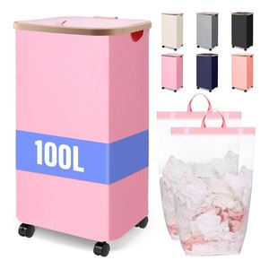 Cesto de Ropa Delgado de 75L con Bolsa Extraíble y Asas de Bambú, Plegable, para Ropa Sucia, con Tapa - Product Image 1