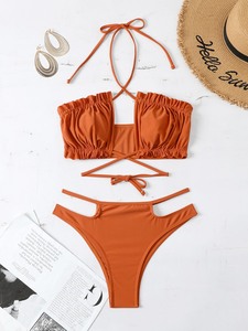 Bikini Sexy a Stringhe per Donne, Costume da Bagno Incrociato con Allacciatura al Collo, Costume da Bagno Arricciato, Bikini Sexy per Ragazze, Biquini, Costume da Nuoto Brasiliano - Product Image 2