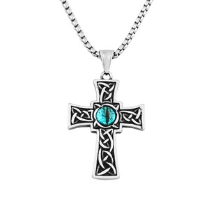 yunnique <b>Cross</b> Pendant Necklace Stainless Steel Men's Viking Knot Design Turquoise Inlay Gift Jewelry 60cm <b>Chain</b> - Product Image 5