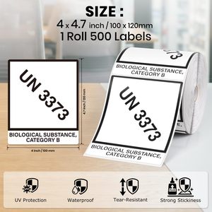 Etiqueta Autoadhesiva de Vinilo UN3373 para Substancias Biológicas Categoría B, Etiqueta de Envío, Señal de Advertencia Médica, Rollo de Papel para Calcomanías de Seguridad - Product Image 4