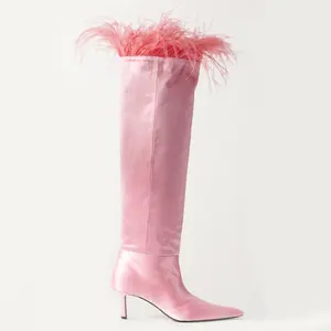 Anmairon 2023 Latest Design Feather Trimmed Satin Over The Knee Boots Pink Silk Pointed Toe Stiletto Heels Party Boots