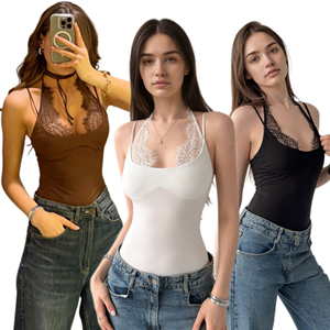 ชุดบอดี้สูทสำหรับวันหยุดฤดูร้อนแบบคอเชือกผูกประดับลูกไม้สำหรับผู้หญิง เสื้อสายเดี่ยวคอกลมทรงเข้ารูปพร้อมรายละเอียดลูกไม้ - Product Image 1