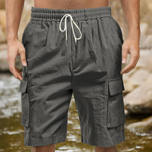 Shorts cargo en lin pour homme gris foncé, coupe ample, multi-poches, taille élastique, pour sports de plein air et décontracté, idéal pour l'été - Product Image 1
