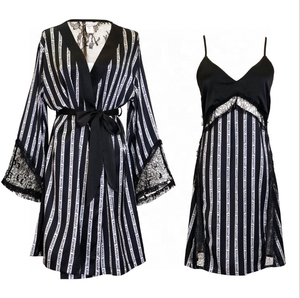 Femme Satin Sexy <span class=keywords><strong>Robe</strong></span> De Nuit Lace Women Robes Pink and Black Letter Dames 2 piezas de manga larga a rayas batas de baño - Product Image 1