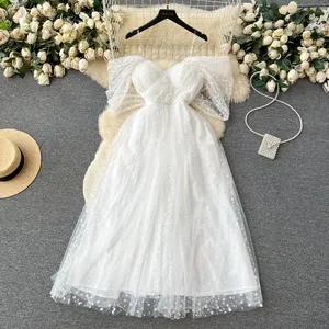 Women's Summer French Light Luxury Small Collection Waist Gauze Shampan Dress White Light Wedding Dress